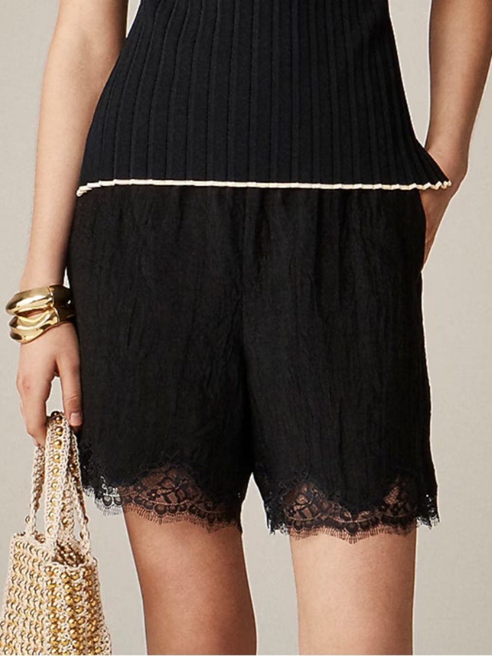 5" Stratus Lace-Trim Short in Textured Satin by J.Crew.